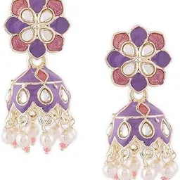 zaveri pearls Pink & Purple Enamel Kundan Ethnic Jhumki Earring For Women-ZPFK16646-picture-36