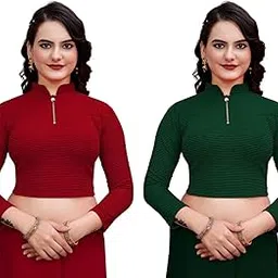 deltin hub Readymade Blouse for Women | Cotton Stretchable Blouse with Front Zip | Full Sleeve Dobby Crush Saree Top | Designer Comfortable Crop Choli | Stylish New Model Regular Fit-picture-46