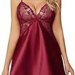 XCUTE Women Lingerie V Neck Nightwear Satin Sleepwear Lace Chemise Mini Teddy (Maroon, Small)-picture-23