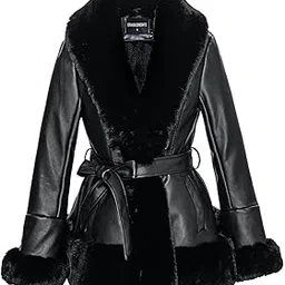gran oriente Women Faux Fur Collar Winter Jacket Long Sleeve Fur Trim Peplum Parka Coat with Belt-picture-52