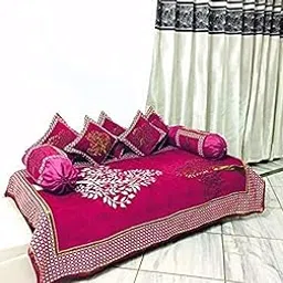 Fresh From Loom Chenille Floral 500 TC Diwan Set Pink - 1 Single Bedsheet with 2 Bolster Covers and 5 Cushion Covers (8pc Set)-picture-10