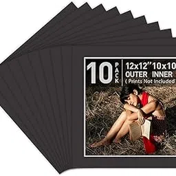 Golden State Art, Pack of 10 Acid Free 12x12 for 10x10 Black Picture Mats, Bevel Cut White Core Frame Mattes for Photos image 1