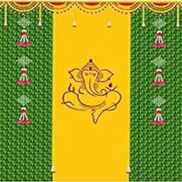 Sri Yagnaa - Backdrop Cloth for Pooja Decoration - M 34 - Traditional Background Curtain Cloth for Festival (8x5 Ft) (Ganesh Backdrop with Hanging Bells Design) image 1
