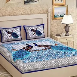 Poorak Cotton Bedsheet (Blue, Double, Peacock Print) – Elegant Peacock Design, Durable Cotton, Soft Feel for Comfortable Sleep-picture-12