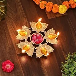 Piepot Lotus Shape Diya Flower Urli Handcrafted Bowl for Floating Flowers & Tea Light Candles Home Living Room Office & Table Decor Diwali Decoration Items Premium Metal Color Gold-image-14