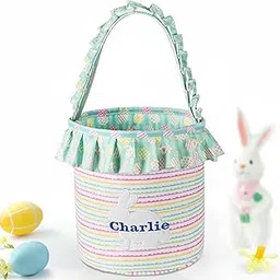 Easter Basket, Lynasoi Easter Bunny Basket, Personalized Easter Baskets for Kids, Easter Gifts Basket for Girls Baby Children - Colorful Stripes-picture-20