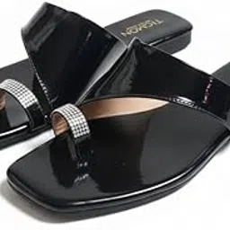 tigmon Women's Patent Leather Slide Sandals with Crystal Embellishment, Square Toe, Black and White image 1