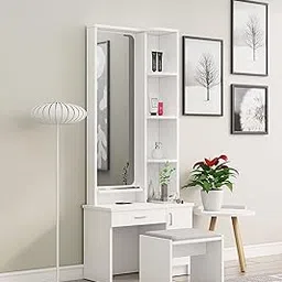 Bniture Wooden Dressing Table for Bedroom with 1 Drawer, Mirror and Huge Storage Space with Stool | Long Dresser Vanity Table with Mirror(40D x 68W x 175H CM) (Frosty White)-image-70