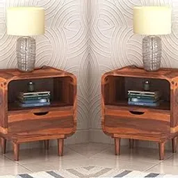 Solid Sheesham Wood Bedside Table for Bedroom | Wooden Set of 2 Bed Side Nightstand Lamp Table with Drawer & Open Shelf Storage for Home & Hotels | Rosewood, Honey-image-28