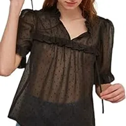 keiraa Women's 3/4 Sleeve Office Lady Sheer Polka Dot Blouse with Ruffle Dobby Tops-picture-44