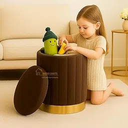 DECORO CRAFTS Round Luxurious Ottoman with Storage Box Dutch Velvet Pouffe Footstool, Footrest Vanity Stool for Bedroom Living Room Balcony Snack, Storage for Kids Toys - Brown-picture-31