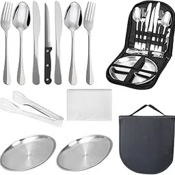 13-piece camping cutlery for 2 people, picnic set, stainless steel fork plates, knife and spoon, includes portable cutlery bag, reusable, durable image 1