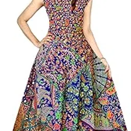 aditya impex Jaipur Women's Stitched POM POM Casual Cotton Long Maxi Dress - Blue Multicolour-picture-56
