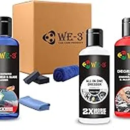 WE-3 Car Care Combo Kit - Pack of 9 (100ml) | Fiber and Plastic Restorer, All-in-One Dresser, Engine Degreaser, Engine Dresser, Glass Cleaner, 2 Sponges | Glass Microfiber & 500 GSM Microfiber-image-44