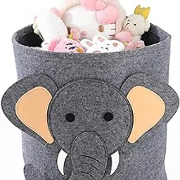 House of Quirk Felt Kids Cartoon Laundry Basket Round Storage Basket Laundry Organizer (Dark Grey Elephant)-picture-13