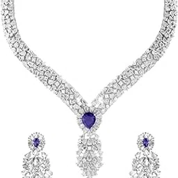 rubans Rhodium-Plated Rich Purple & White Cubic Zirconia Studded Floral & Leaf-Inspired Cascading Luxe Jewellery Set image 1