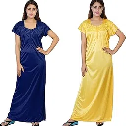 Women's Satin Nighty| Half Sleeves | Night Wear | Maxi for Women's (Combo Pack of 2) | Size-Large, Sweetheart Neck (Article-436B) Blue and Yellow-picture-14