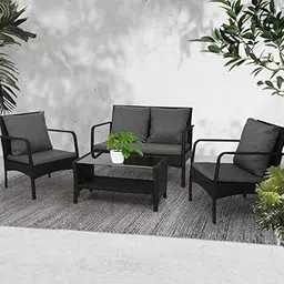 DEVOKO 4-Piece Outdoor Patio Sectional Sofa Set with Cushions & Glass TopTable - HDPE Wicker Furniture for Garden, Poolside, Backyard (Black & Grey)-picture-12