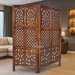 UNIQUE WOOD ART Wooden Room Divider Screen, Carved,Decorative Handcrafted Privacy Screen Separator Wall Divider | 4Ft Folding Partition 2 Panel with Floral & Jaali Design for Living Room |Restaurant-image-46