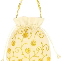 Traditional Embroidered Bag, Cream with Gold and Yellow Floral Embroidery, Pearl Beaded Edge, Golden Bell Tassels, Beaded Handle, Wedding and Festival Accessory-picture-25