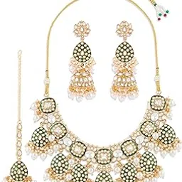zaveri pearls Green Meenakari Dazzling Stones & Beads Embellished Necklace Earring & Maangtikka Set For Women-ZPFK21597-picture-36