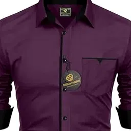 Men's Regular Fit Solid Soft Touch Cotton Casual Shirt with Pocket Design with Spread Collar & Full Sleeves V-Pocket-image-0