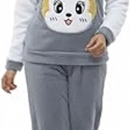 Women's Winter Fleece Night Suit, Super Soft Teddy Fur Nightsuit Set with Cute Cartoon Patch, Warm Hoodie Nightwear, Grey and White-picture-12