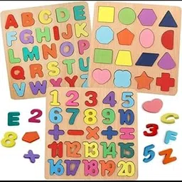 YS Wooden Educational Puzzle Set, 3-in-1 Alphabet Numbers Shapes Learning Board, Natural Wood, 7.8 x 7.8 Inches, Pack of 3, for Toddlers-picture-13