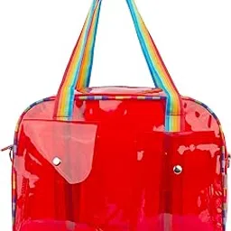 echo boomers Unisex Transparent Jelly Duffle Bag – Trendy Red Travel Tote with Rainbow Straps & Dual Front Pockets – Fashion Gym, College & Weekend Bag-picture-45