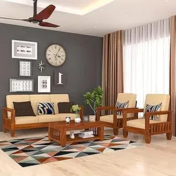 Solid Sheesham Wood 5 Seater Sofa Set with Center Table for Living Room | Wooden 3+1+1 Sofa Set with Coffee Table for Home | Five Seater Sofas with Storage & Cream Cushion | Honey-image-12