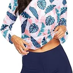 Women Rash Guard Long Sleeve Swimsuits UV UPF 50+ Swim Shirt Bathing Suit with Boyshort Bottom, Pink Leaf, Large-image-62