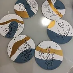 Modern Floral Wall Art Plates, Set of 6, Navy Blue and Gold Abstract Design, Round Decorative Wall Decor-image-49