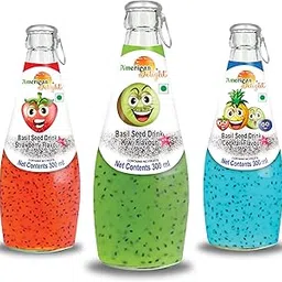 American Delight Flavored Drink with Basil Seed | Assorted Kiwi, Cocktail, and Strawberry Flavored Fruit drink with Basil Seeds aka Sabja Seeds | Pack of 3 x 300ml Each | Ready to Serve Drink image 1