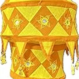 Traditional Indian Applique Hanging Lampshade, Multi-color Cotton Fabric, Star Pattern with Tassels, 3-Tier Design, 70cm Height x 30cm Diameter (Yellow -Orange)-image-83