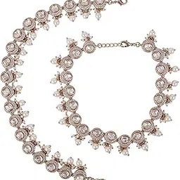 saloni fashion jewellery Classy Half-Moon Shape Uncut Kundan Stone Gold Plated Set Of 2 Brass Anklet (Payal) For Women and Girls-picture-10