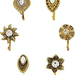 i jewels Gold Plated Traditional Ethnic Set of 6 Nose Pins Without Piercing Encased with Stones for Women (NL191FL-CO)-picture-12
