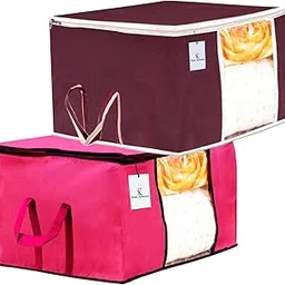 Kuber Industries 2 Piece Non Woven Underbed Storage Bag, Storage Organiser, Blanket Cover with Transparent Window, Extra Large, Maroon & Pink CTKTC134532-picture-65