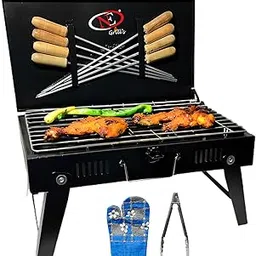 NE GRILLS Premium Charcoal Barbecue Grill for Home – 8 Skewers Stainless Steel BBQ Set with Free Tongs & Glove – Portable Barbeque Grill for Outdoor Cooking-image-14