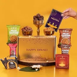 EAT BETTER CO Swarn Diwali Gift Hamper - 7-Item Diwali Gift - Dry-Fruit Chocolate Ladoos, Healthy Millet Namkeen, Urli Candle, Chocolate Nuts & Tea Sachet | Diwali Gift Pack for Friends & Employees-image-45