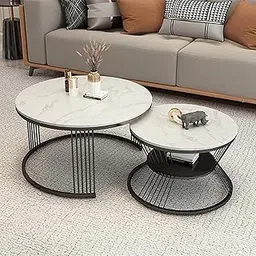 CROWN ART SHOPPEE The Round Coffee Table and The Stacking Tea Table with a Gold Metal Frame are Two Versatile Modern Center Tables That Look Great in Living Rooms Black White-image-65