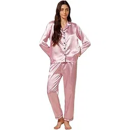 coloursoul Women's Satin Pajama Set – Long Sleeve Button-Down Top with Matching Pants, Soft Sleepwear-picture-10