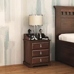 Sheesham Wood Bedside End Table with 3 Drawers Storage for Bedroom Living Room Wooden Furniture Side Table for Hotel Room Office (Walnut Finish)-image-35