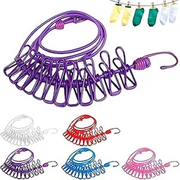 VERAT 2 Piece Cloth Drying Rope/Elastic Rope with Hook/12 Clip Elastic Hanging Rope/Stretchable/Clothesline/Portable Cloth Dryer/Kapde Sukhane Ki Rassi/Travel Home Outdoor(Multicolour), Assorted-picture-14