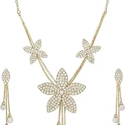 Gold Floral Star Crystal Necklace with Earrings | Bridal Wedding Party Traditional Jewellery | Stylish Designer Necklace Earrings Set for Festivals, Engagement & Special Occasions-picture-35