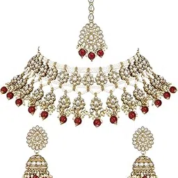 i jewels Gold Plated Traditional Kundan Pearl Choker Necklace Jewellery With Jhumki Earrings Set image 1