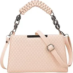 Quilted Crossbody Handbag, Blush Pink, Vegan Leather, Woven Chain Strap, Diamond Pattern, Multi-Compartment Design-picture-19