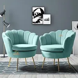 Nature Wood Decor Tufted Barrel Chair (Set Of 2) Fabric Velvet Accent Chair For Living Room, Drawing Room, Bedroom & Office (Design B), Gold (SKY BLUE)-picture-11