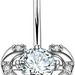 fizzoqi Full Diamond Zircon Peach Heart Belly Button Ring | Stainless Steel Thick Rod Navel Piercing Jewelry for Women-picture-10