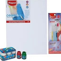 Maped Painting kit - 11pc Set|6 Poster Colours |One 100% Cotton Canvas Board(Size- 6" x 8")|Four Paint Brushes - (Round Size-0,2 & Flat Sizes- 2,6) | Painting Set for Adults and Kids-picture-49