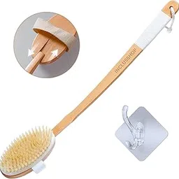 INCLUSSHOP Detachable Wooden Bath Brush with Long Handle - Natural Bristles for 2-in-1 Wet & Dry Brushing Exfoliation, Blood Flow Stimulation - Body Scrubber for Smooth Skin & Reducing All Skin Types (With Loofah Pad)-image-9